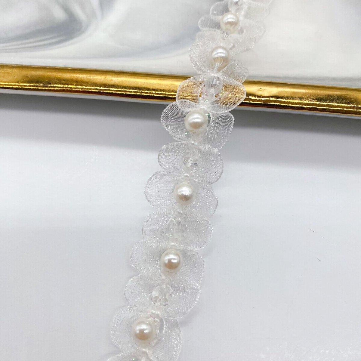 Dailygoods - Dailygoody - Witte Kanten Rand met Parels 2 cm - Decoratieve Tulle Band voor DIY en Creatieve Projecten