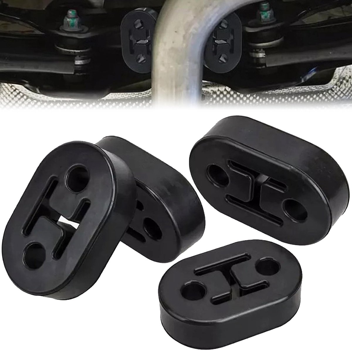 Dailygoods - Dailygoody - Zwarte Rubberen Uitlaathouder - Geluidsdempend - Universeel - 2 Gaten 12 mm - Geschikt voor de meeste auto’s - 4 Stuks