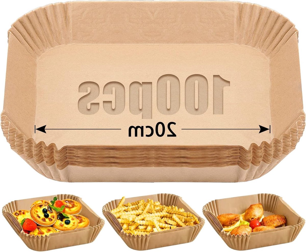 Pack van 100 Stukken Bakpapier voor Airfryer - 20 cm Vierkant, Waterdicht, Vetbestendig en Antiaanbaklaag voor Casseroles en Magnetrongebruik