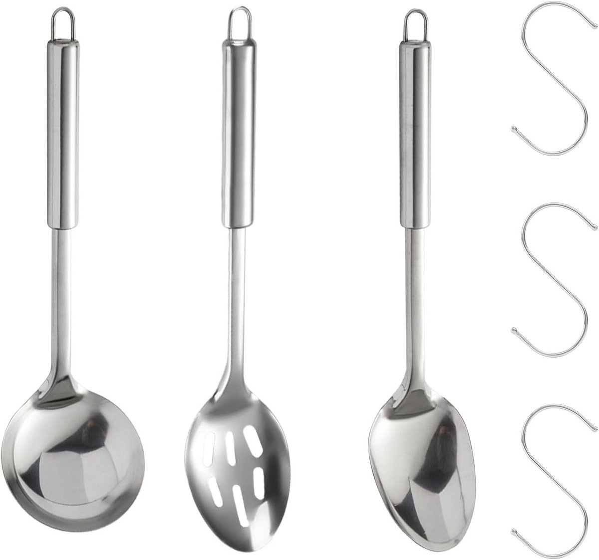 Set van 3 RVS Kooklepels, Soeplepel, Opscheplepel en Gelepel, Ideaal voor Keuken en Restaurant, Inclusief 3 RVS Haakjes voor Gemakkelijk Ophangen