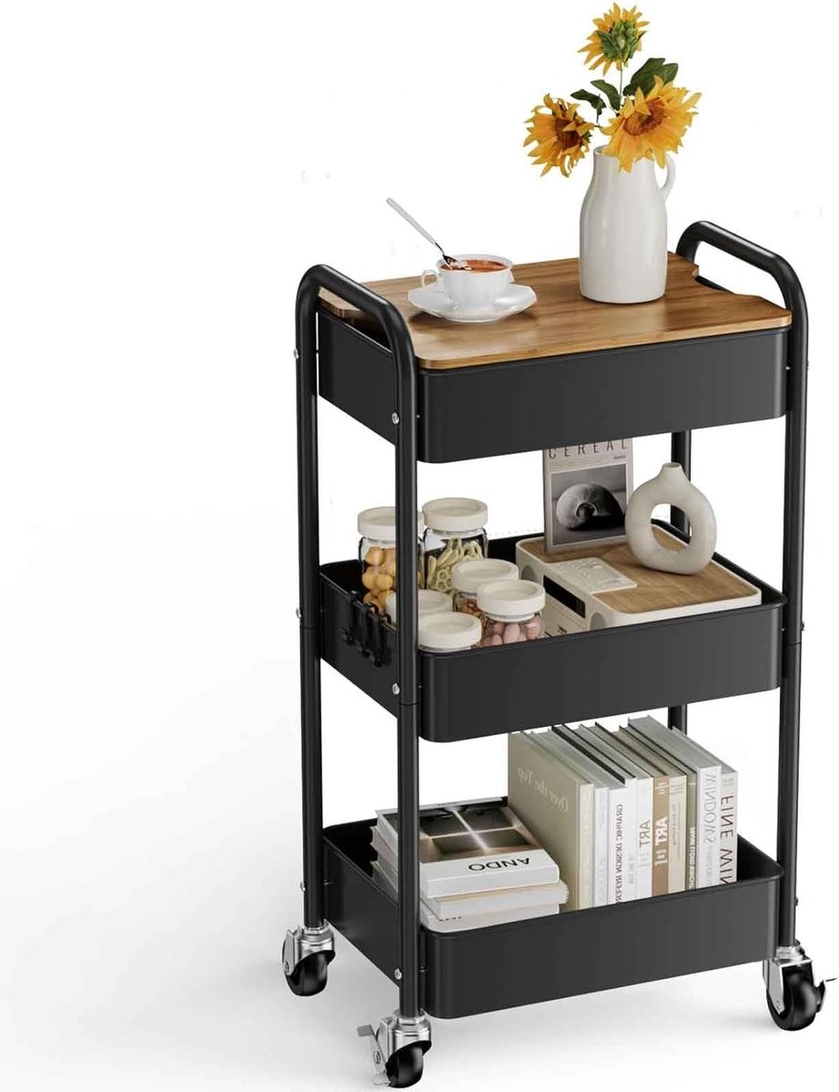 Multifunctionele 3-laags serveertrolley met tafelblad van metaal, ideale opbergoplossing voor keuken en badkamer, stabiele en praktische wagen op wielen