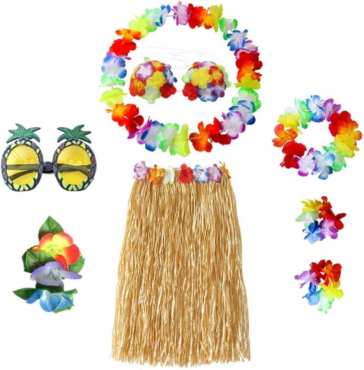 Tropisch Hawaïaans Dancer Kostuum met Bloemen Bikini Top, Lei en Hibiscus Haarclip voor Feest en Zomer Strandactiviteiten
