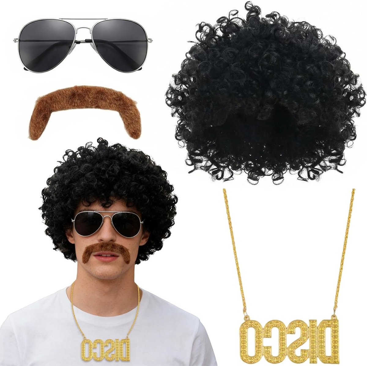 Disco Kostuum voor Mannen uit de Jaren '80 met Perücke, Zonnebril en Disco Ketting voor Carnaval en Feestjes