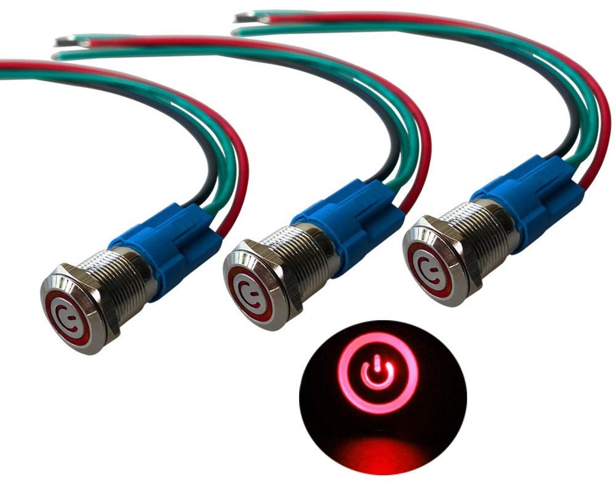 Dailygoody - Premium Push Button Switch - 12mm - Waterdicht - Rood LED - Auto Start Schakelaar - 3 Stuks - Geschikt voor 12V/24V
