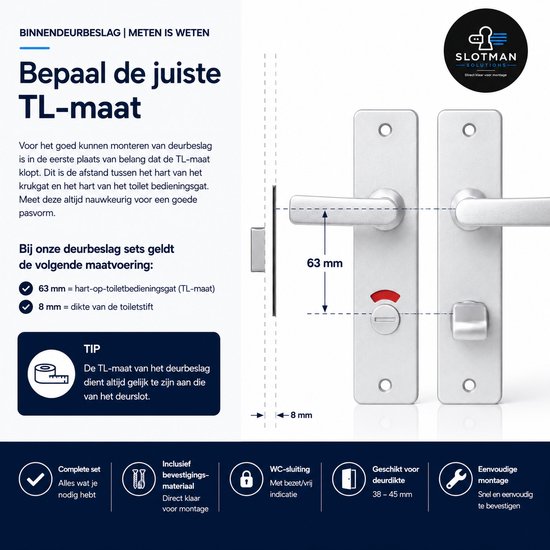 Instructies voor het meten van de deurklinkset, met zilverkleurige klinken en insteekslot.