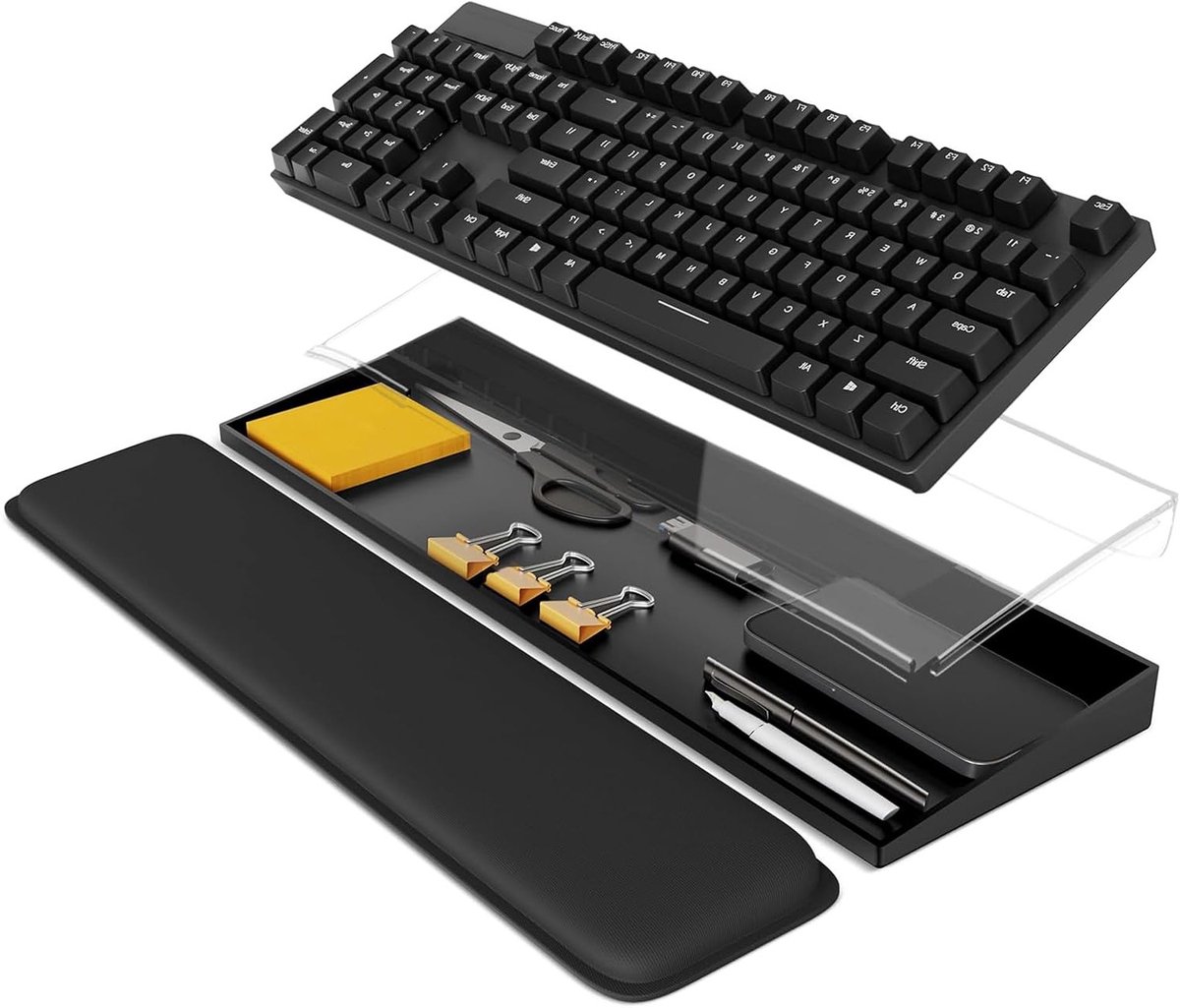 Schuine toetsenbordhouder van doorzichtig acryl voor een opgeruimd bureau, ergonomisch en stijlvol ontwerp, zwart en transparant