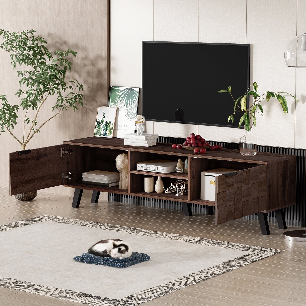 Modern tv-meubel - dubbele deuren dubbele planken - rechthoekig - donker houtnerf - 160,5 x 35,5 x 45 cm
