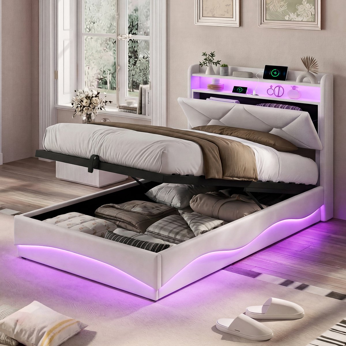 ROSAHQNDA Kinderbed 90x200cm met LED-verlichting, 2 USB en 1 Type-C poort, gestoffeerd bed, slaapkamer eenpersoonsbed met lattenbodem, fluweel, beige, zonder matras