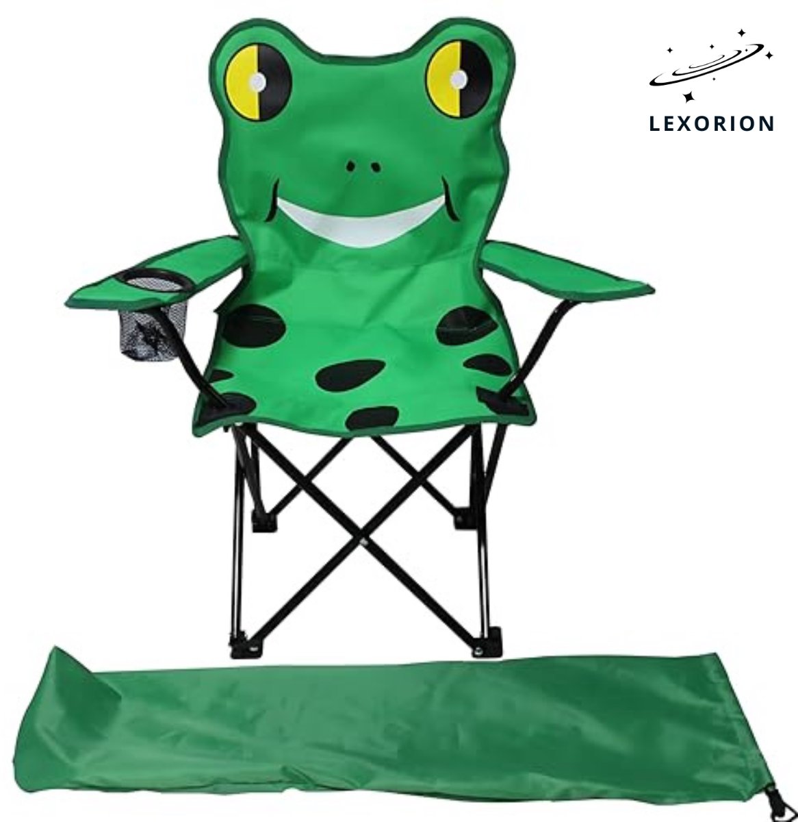Lexorion Kinder Campingstoel met Dierenmotief – Opvouwbare Klapstoel met Bekerhouder & Draagtas voor Tuin, Camping en Picknick – Groen