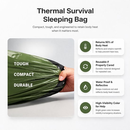 BOTC Noodslaapzak - Survival Slaapzak - 2 stuks - Emergency Sleeping Bag - Outdoor slaapzak - Backpack - Groen