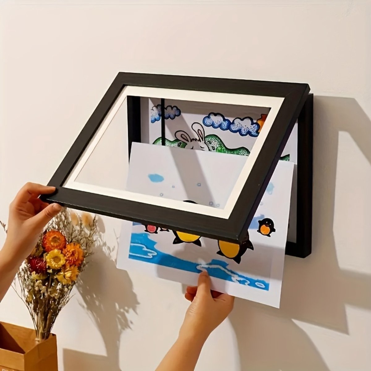 1 stuk Magnetische A4 Kunst Display Frame - Front-Opening, opvouwbaar ontwerp voor jongeren 'tekeningen en foto's - veelzijdige wanddecoratie met Cartoon Thema voor thuis en kantoor, Cartoon Wall Art, Zwart