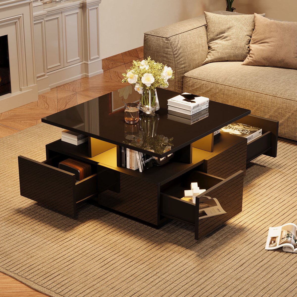 MODENUIT Salontafel - Met LED En 4 Laden - Voor Woonkamer - Hoogglans Spaanplaat Zwart - 70x70x40 Cm