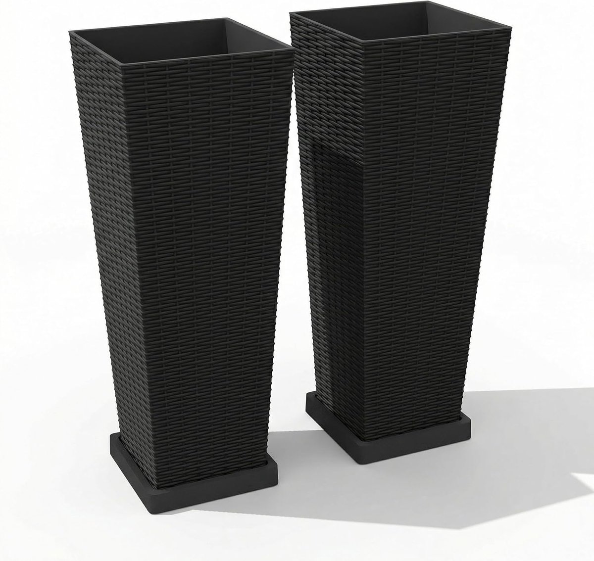 Hoge Plantenbakken Buiten en Binnen - Set van 2 - Rotan Look Bloembak met Binnenbak, Afwateringsgat & Schotel - 82 cm - Zwart