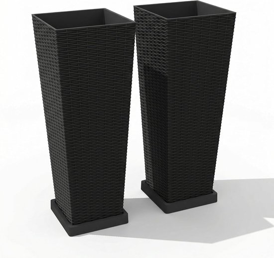 Hoge Plantenbakken Buiten en Binnen - Set van 2 - Rotan Look Bloembak met Binnenbak, Afwateringsgat & Schotel - 82 cm - Zwart