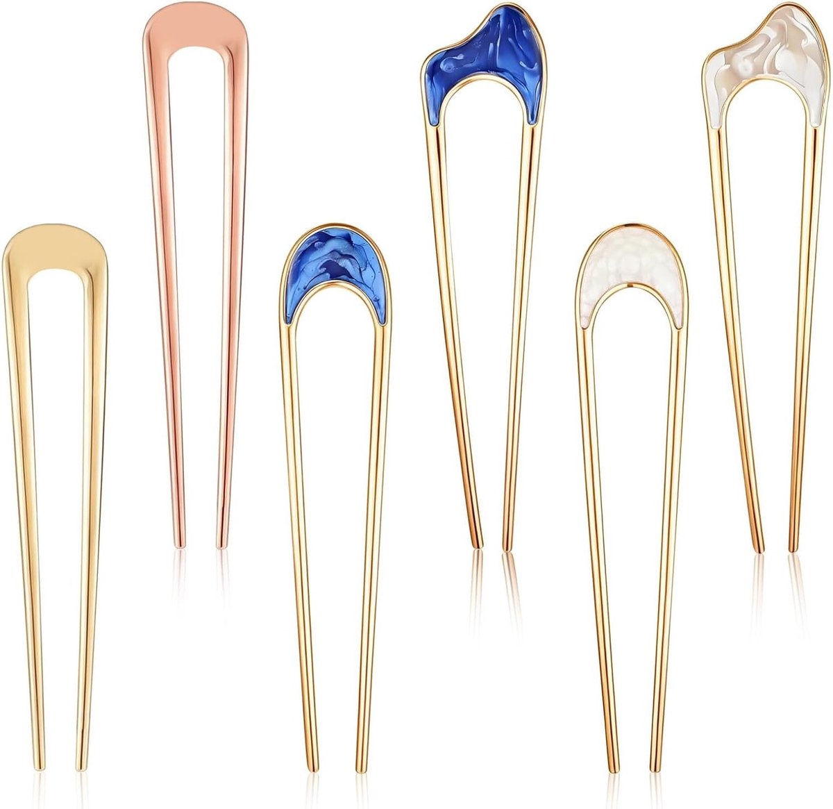 Elegante U-vormige haarspelden voor vrouwen - 6 stuks in goud en blauw, ideaal voor buns en haarstijlen, accessoires voor een klassieke look