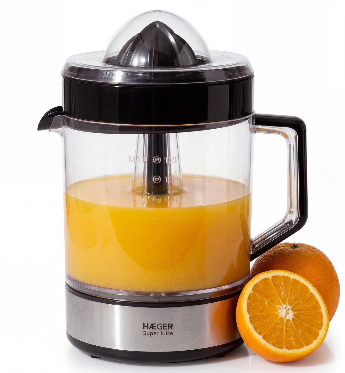 Haeger Elektrische Citruspers Super Juicer - Pulpfilter & Antridrup - 1.2 Liter - Citroenpers - Fruitpers - Sinaasappelpers - Zwart