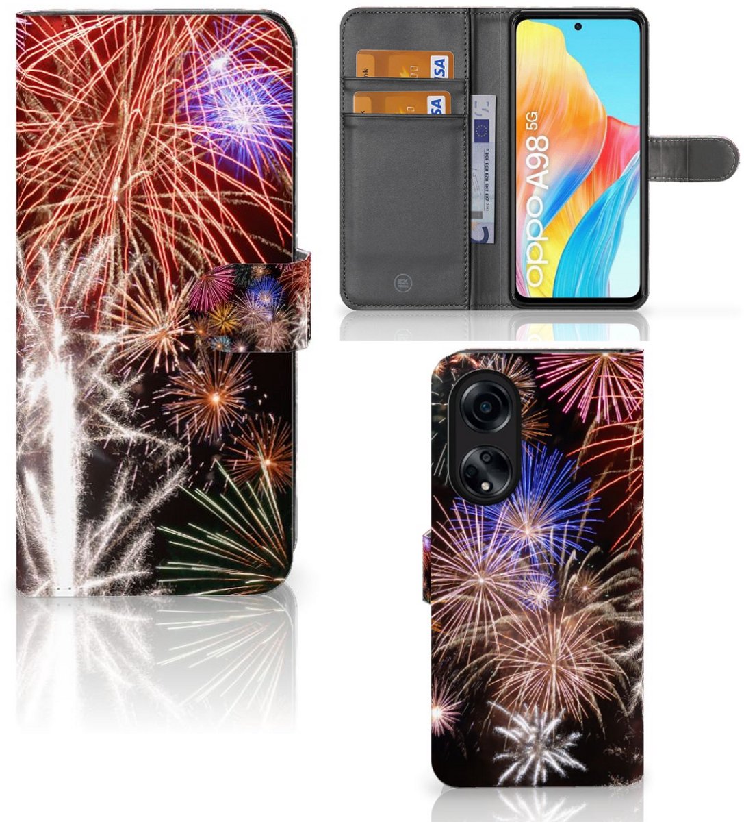 OPPO A98 5G Wallet Case met Pasjes Vuurwerk