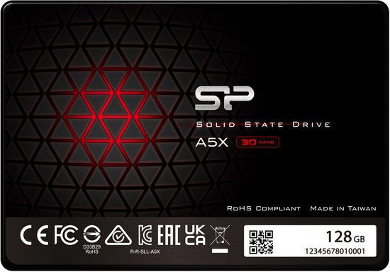 Zwarte SP Solid State Drive A5X 128GB met rood geometrisch patroon en keurmerken.