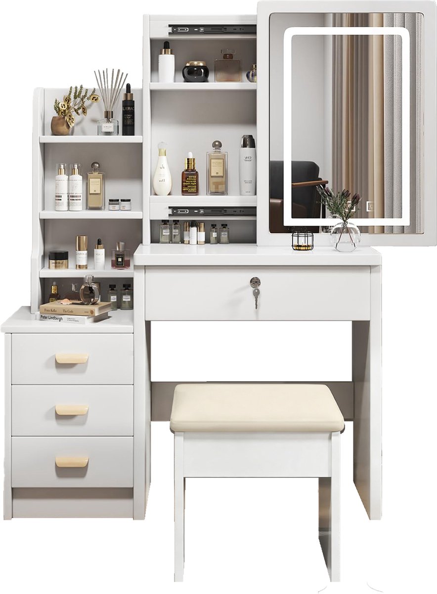 YYchan Kaptafel - Make-up Tafel met Verlichte Spiegel - met Glastüren - 3 Lichtstanden - 85x36x130 cm - Wit