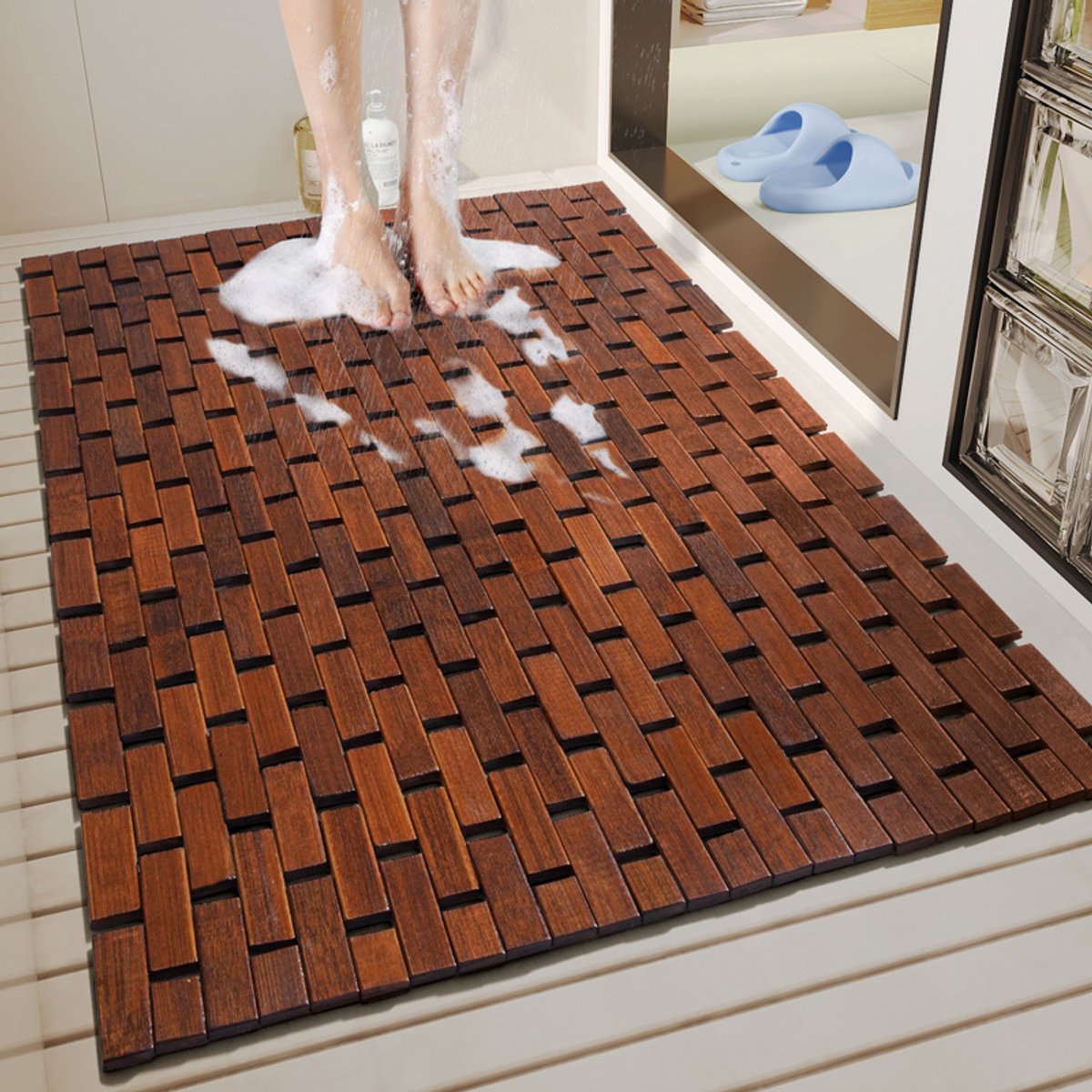 Bamboe badmat voor luxe douches, antislip, stevig, waterdicht bamboe badkleed voor sauna's, spa's, trapdecoratie en accessoires, bruin, 50x80cm.