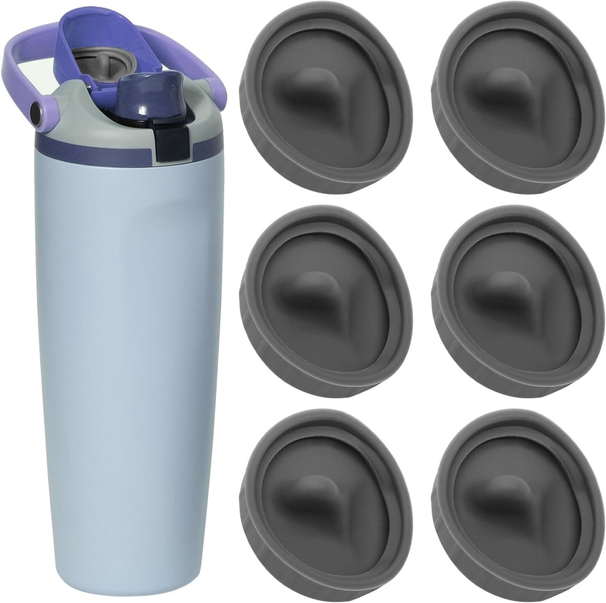 Zes grijze vervangende flesdoppen van silicone, accessoires voor waterflessen, afdichtingen en stopcontacten voor optimale versheid