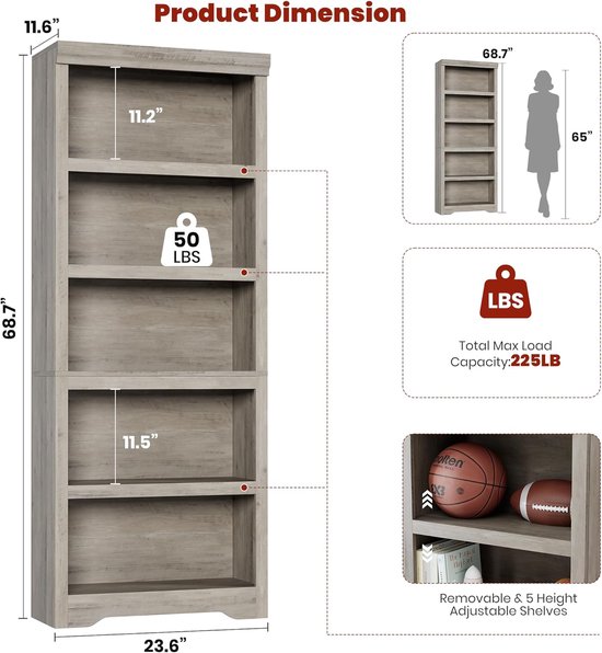 Afmetingen van de grijze boekenkast: 68,7 cm hoog, 23,6 cm breed en 11,6" diep, met 5 verstelbare planken en een maximale draagkracht van 225 LB.