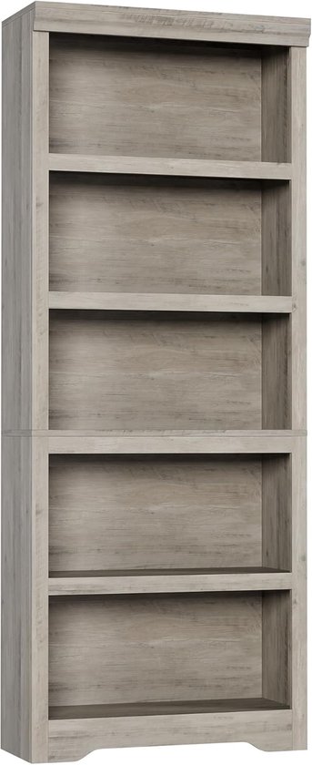 Lege, grijze boekenkast met 5 planken, met een gedetailleerde houtnerftextuur.