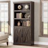 Hoge Boekenkast met Deuren - Landelijke Opbergkast met 5 Niveaus - Houten Vakkenkast voor Woonkamer & Kantoor - 175 cm Hoog - Donker Eiken