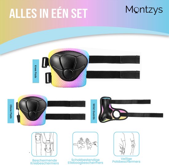 Montzys 3-delige beschermingsset: kniebeschermers, elleboogbeschermers en polsbeschermers, allen in regenboogdesign.