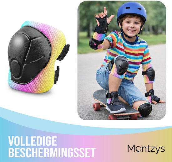 Montzys kniebeschermer in regenboogkleuren naast een lachende jongen op een skateboard, met bescherming aan knieën en ellebogen.