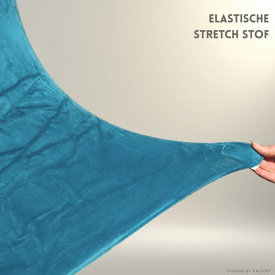 Hand die turquoise, elastische stretchstof vasthoudt. Tekst: 'ELASTISCHE STRETCH STOF'.