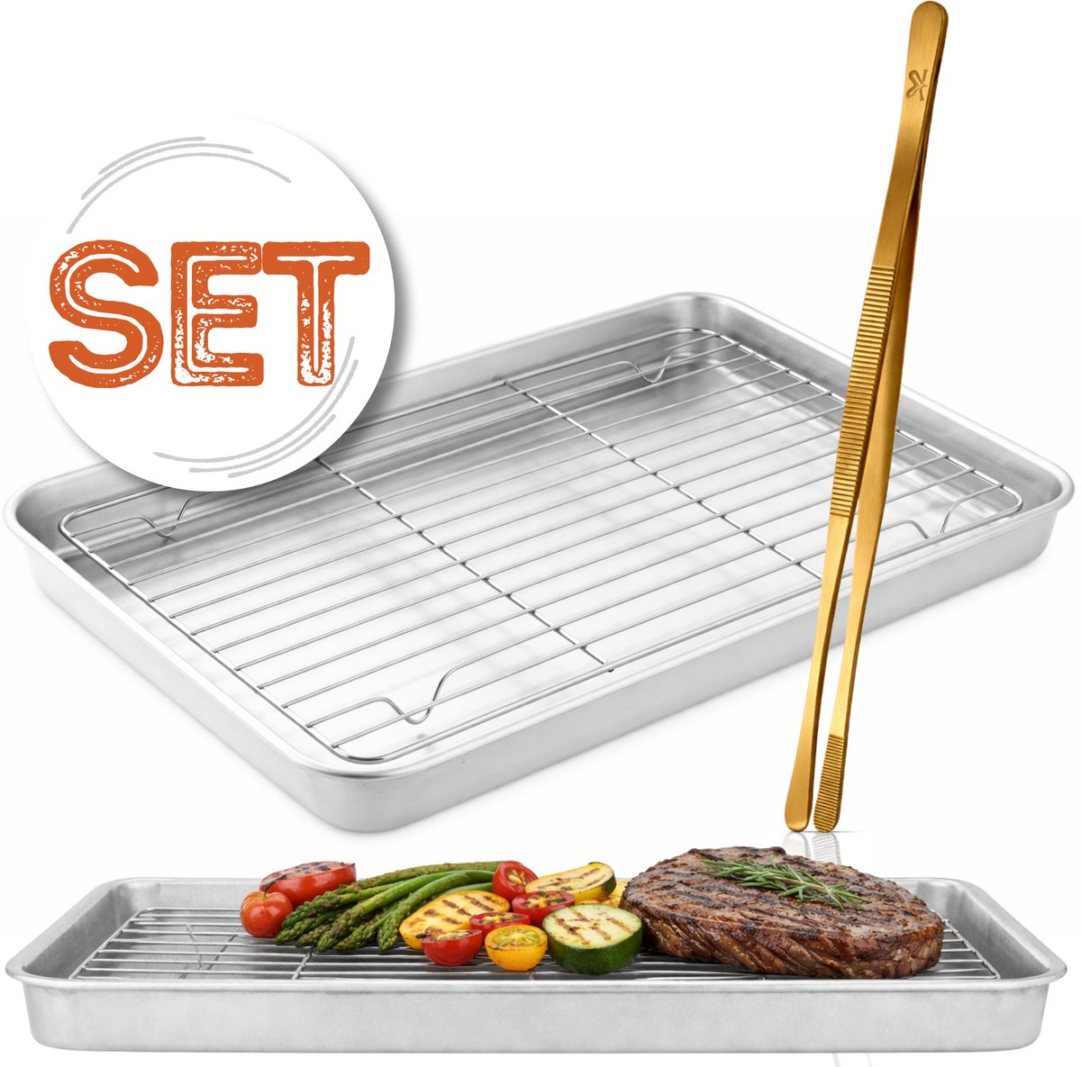 Braadslede met Afkoelrooster 304 RVS 26,4 x 20,5 x 3 cm + Gouden Keukenpincet 25 cm – Oven, BBQ & Airfryer Set