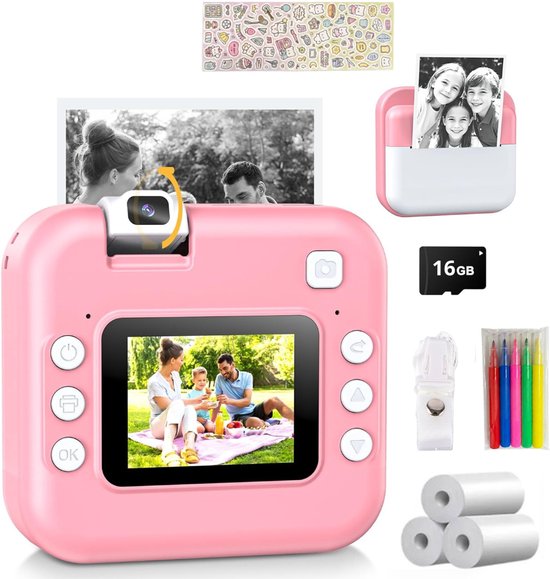 Luumuu® Digitale Kindercamera Met Foto Printer - Fototoestel Voor Kinderen - Kinder Fotocamera Instant Print- Speelgoed Video Camera Kind - Vlogcamera Kids - Sd Kaart 16GB - Roze