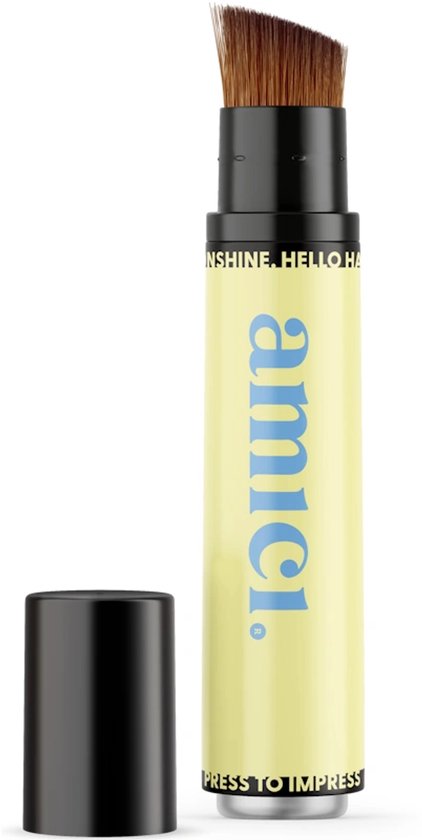 Gele Amici kwast met blauwe letters 'amici.', met de tekst 'SUNSHINE. HELLO HA' en 'PRESS TO IMPRESS'.
