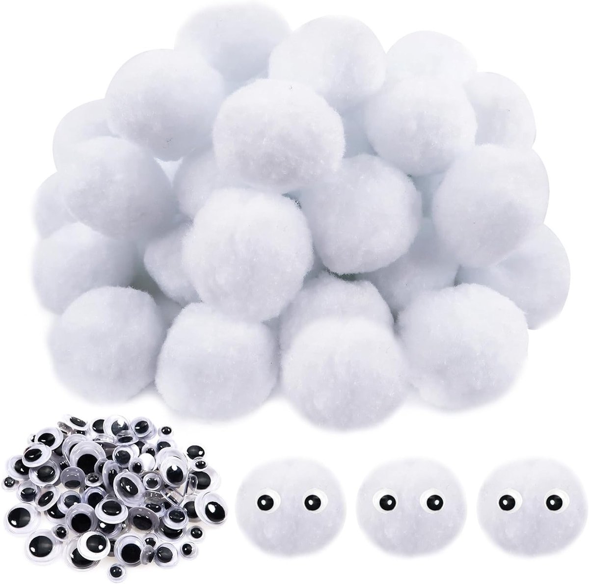 Grote Fluffy Pom Poms in Wit - 50 Stuks van 50mm voor Creatieve DIY Decoraties met 100 Wobble Eyes