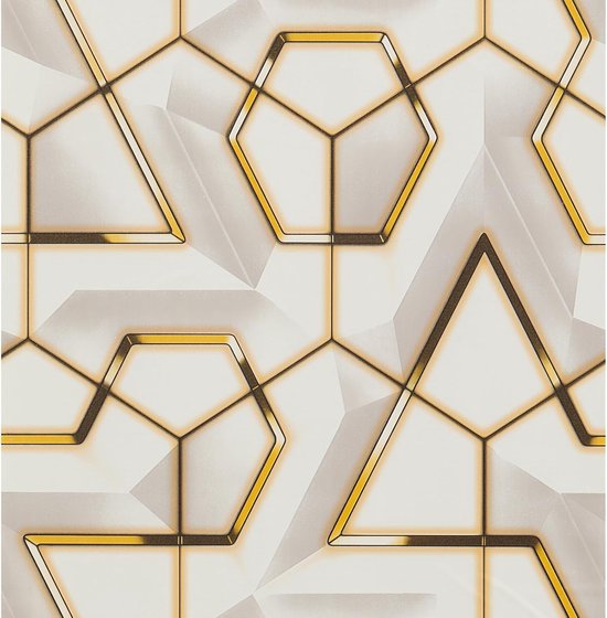 Abstracte 3D-geometrische vormen in wit met goudkleurige omlijningen.