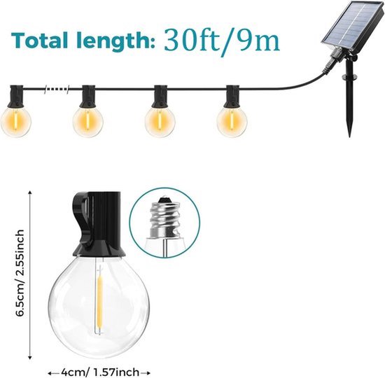 Dimbare zonne-energie buitenverlichting, 8 standen, 9 meter, 15 LED's, IP65 waterdichte lichtslinger voor tuin, terras, tuin, pergola, feest van Merkloos — afbeelding 2