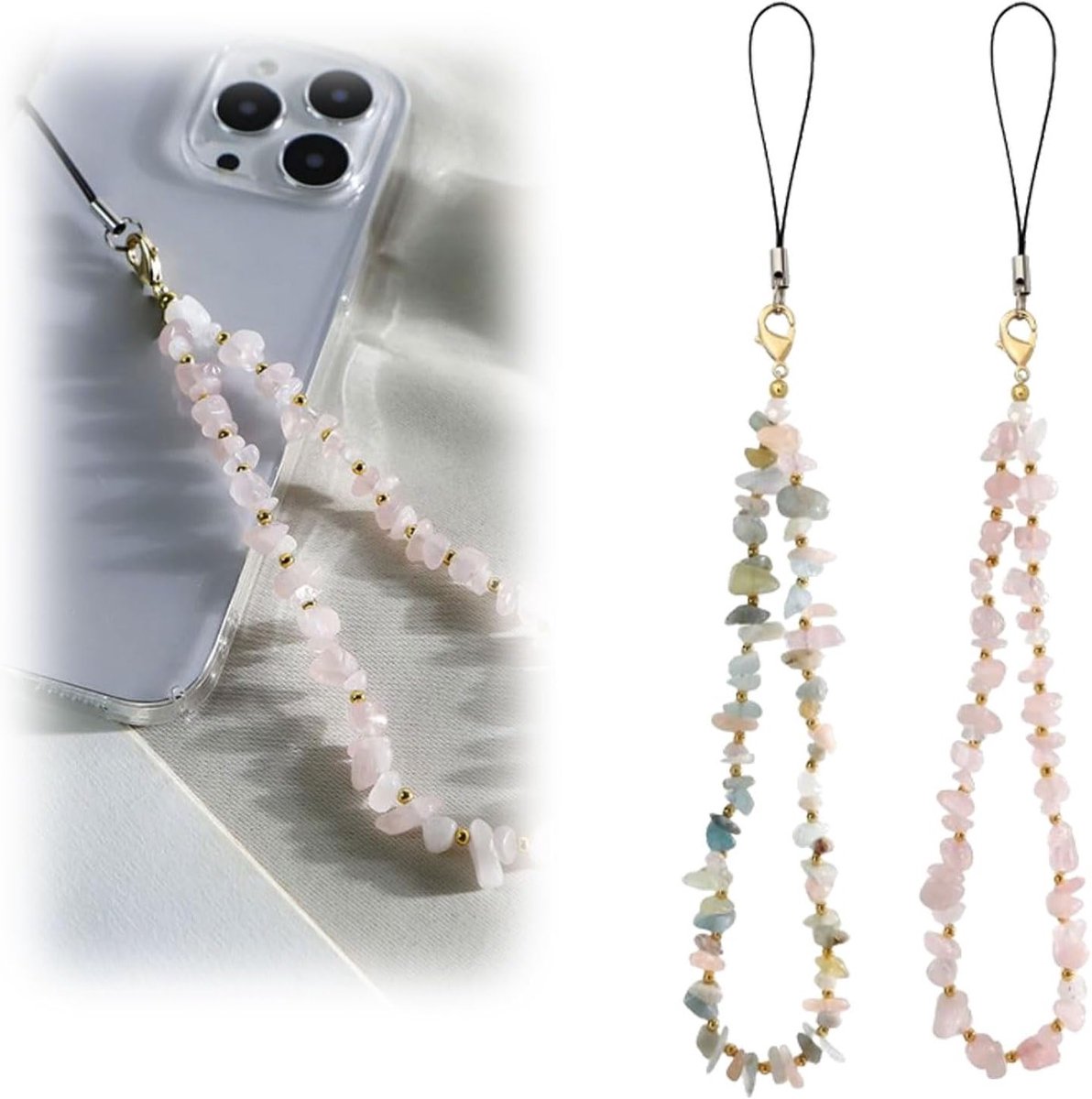 2 Stuks Korte Telefoon Pendant, Parels en Kristal Telefoon Ketting, Handige Telefoon Strap met Polsband voor Smartphone en Accessoires