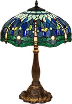 Tiffany tafellamp met blauwe, groene en turquoise glas-in-lood lampenkap met libellemotief en bronzen voet.