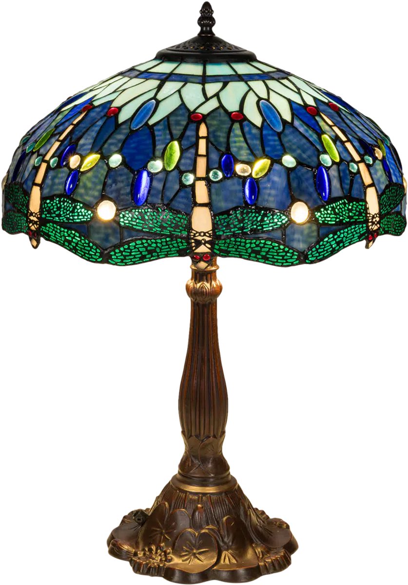 Tiffany tafellamp Libelle - Blauw-groen-turquoise - Ø 40 cm - Glas in lood - Warm licht - Dragonfly - Klassiek | RORUVERA