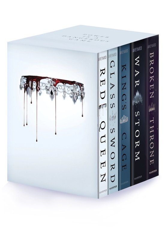 Box set met vijf boeken: Rode Koningin, Glazen Zwaard, Koningskooi, Oorlogstorm, Gebroken Troon. Met op de voorkant een kroon met bloeddruppels.
