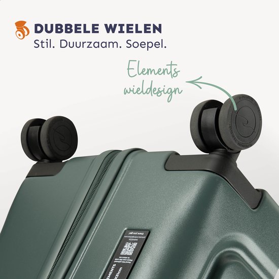 Dichtbij van de dubbele zwenkwielen met 'Elements wieldesign' op een groene koffer.