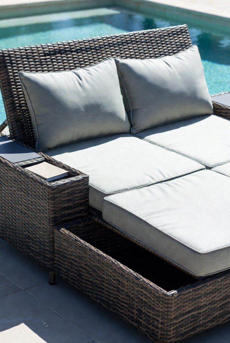 Luxe 3-in-1 Verstelbare Rattan Loungeset met Dubbel Ligbed, 2-Zits Tuinbank, Voetenbank en Opbergfunctie – Comfortabele Polyester Kussens, Modern Design – MedaHomeStore