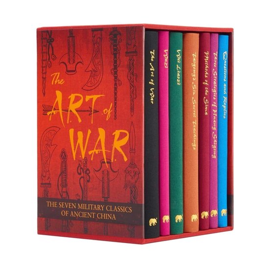 Boîte de collection de sept livres aux couleurs vives, dont 'L'Art de la Guerre', avec des éléphants dorés sur les dos.