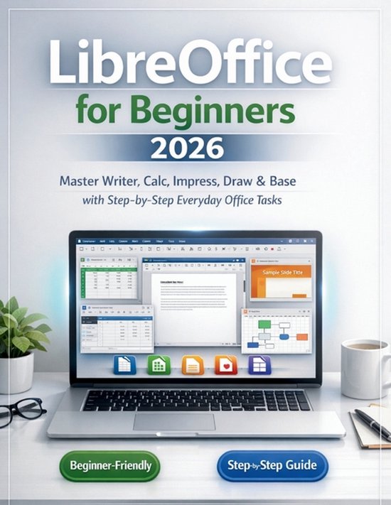 Boekomslag 'LibreOffice for Beginners 2026' met laptop waarop de software wordt getoond.