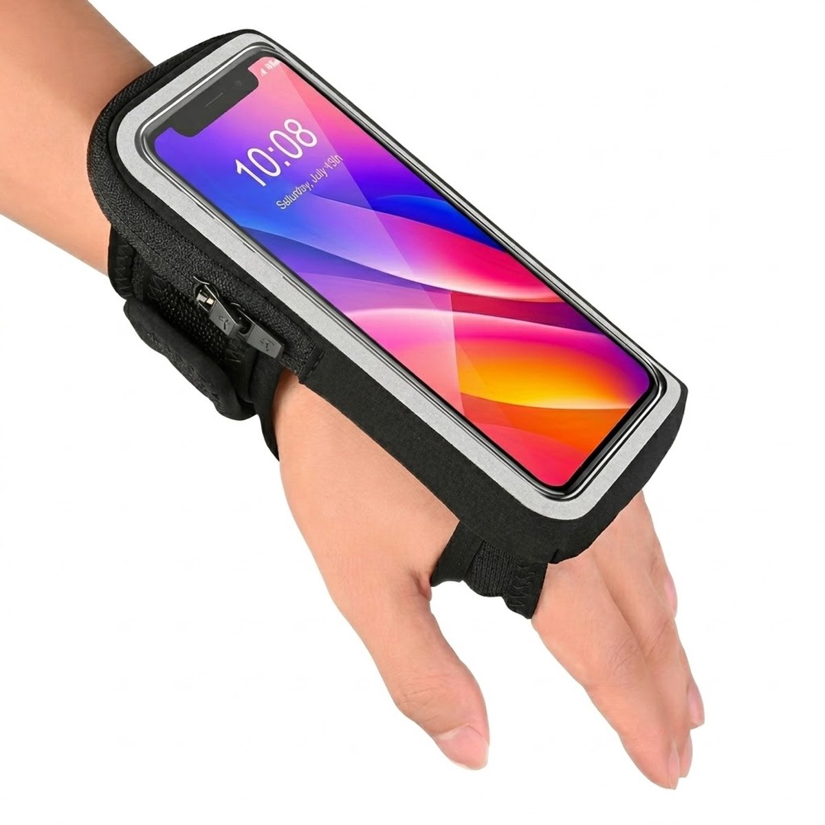 Zwart sport armband telefoon hoesje dames heren – pols houder telefoon hoes met transparant scherm en rits vak – elastische hardloop armband met kaart vak voor smartphone geschikt voor hardlopen fitness wandelen