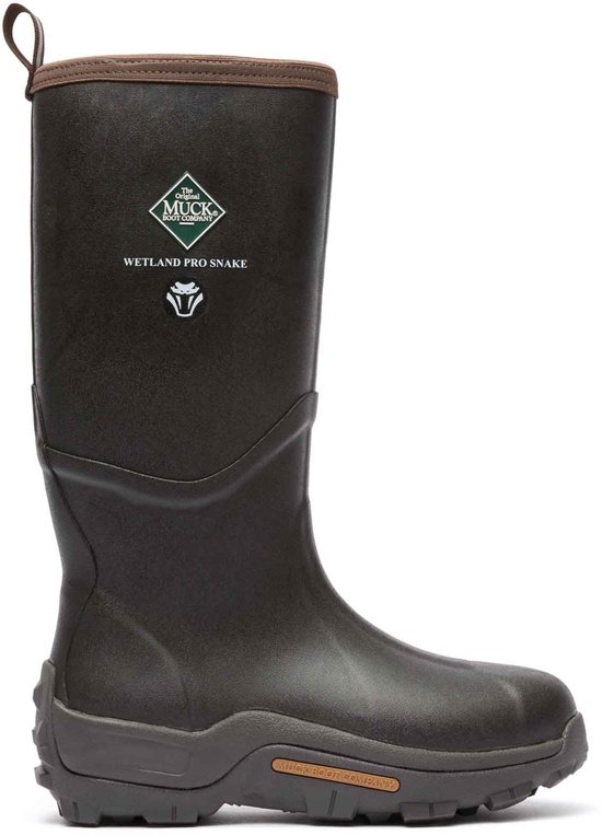 Bruine Muck Boot Wetland Pro laarzen met bruine rand en logo.