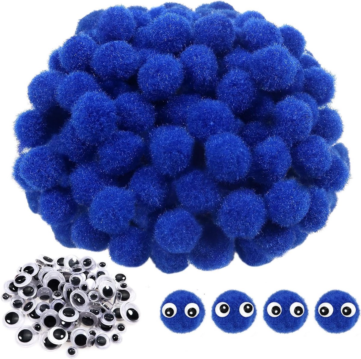 570 Stuks Creatieve Blauwe Pompoms 10 mm Fluffy met 100 Beweegbare Ogen voor Knutselaccessoires, Decoratie en Garlands