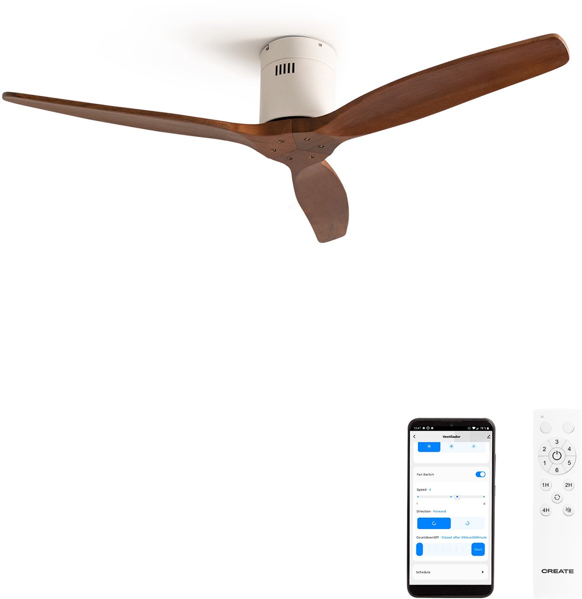 CREATE - Plafondventilator 40W silent 100% hout - S - Geen licht - WIFI - WIND CALM NATURAL WOOD