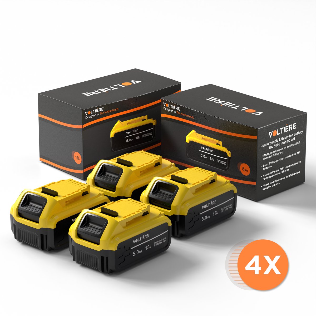 Voltière 4x Vervangende 5 ah Accu Geschikt voor 18v DeWalt Apparatuur - 5000 mAh Batterij met LED identificatie - DCB184 Series